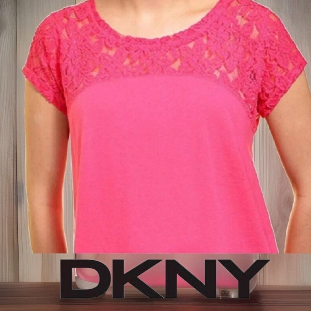 4/$15 DKNY Fuchsia Lace Short Sleeve Top Boho Tee Layer Dress Bright